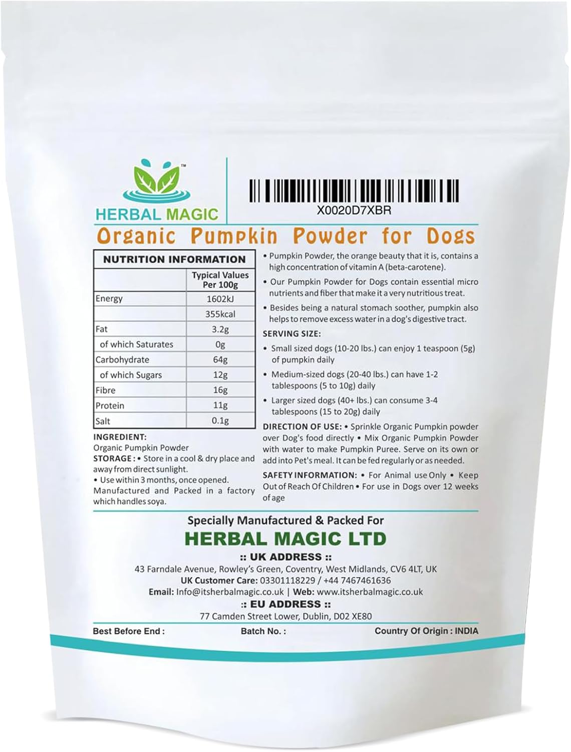 Organic Pumpkin Powder 200g for Dog, Cat & Horse